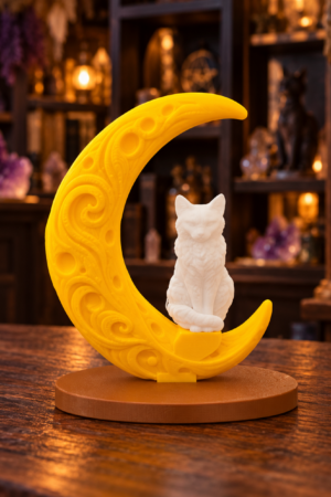 Gatto di Luna: gatto bianco su luna crescente gialla con base marrone