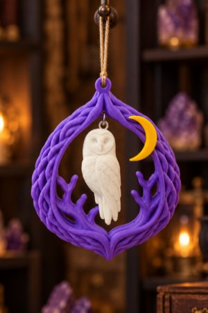 Gufo bianco con luna gialla dentro una noce viola, con cordino di iuta