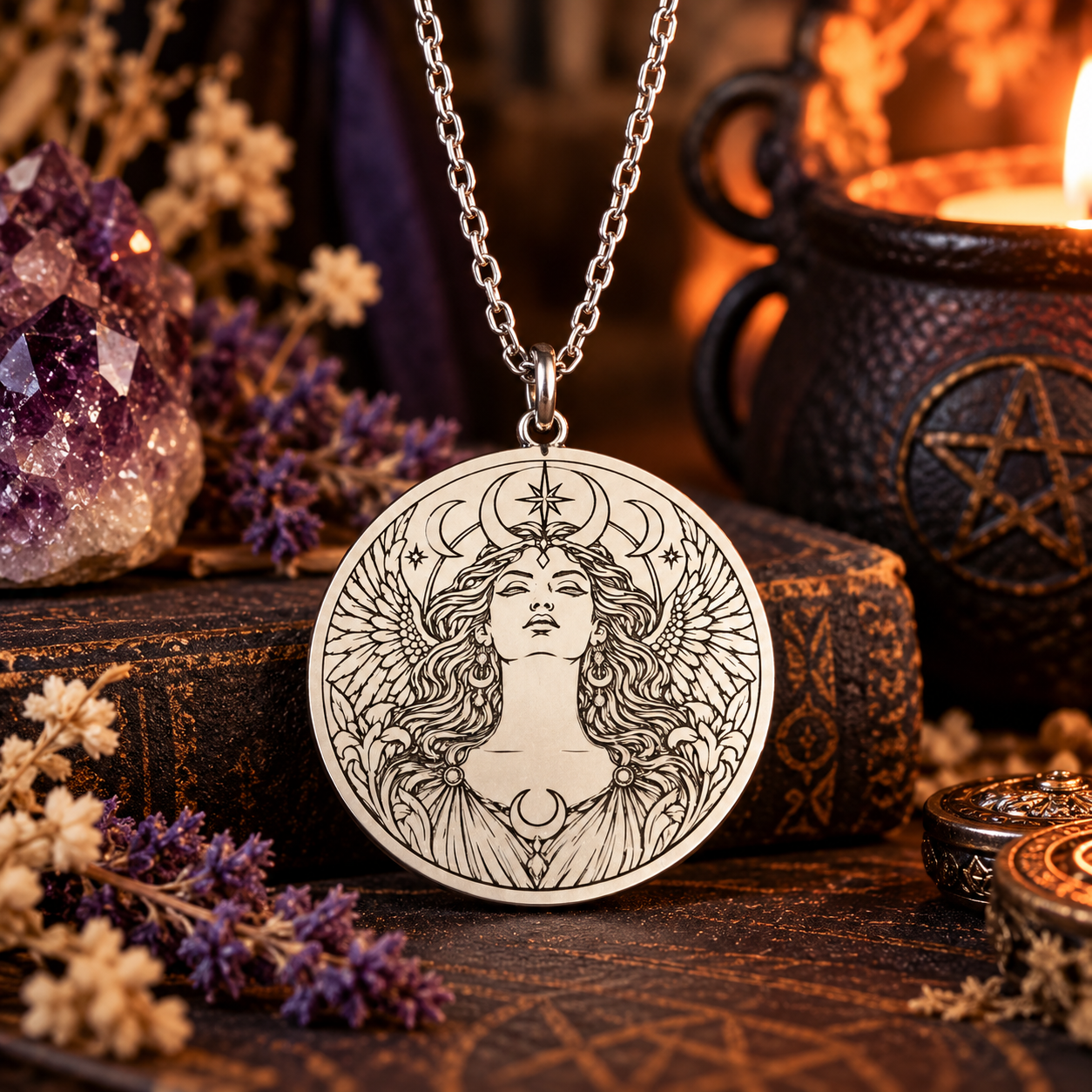 Ciondolo con una rappresentazione di Lilith in argento